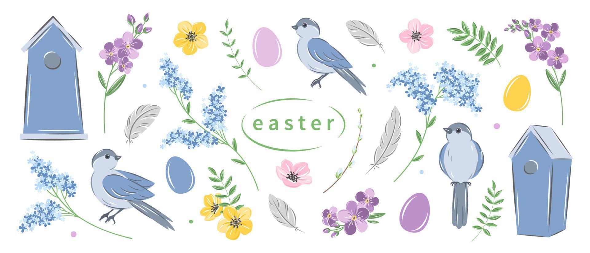 Pasen en voorjaar ontwerp elementen set. eieren, vogels, bloemen en decoraties. vector illustratie.