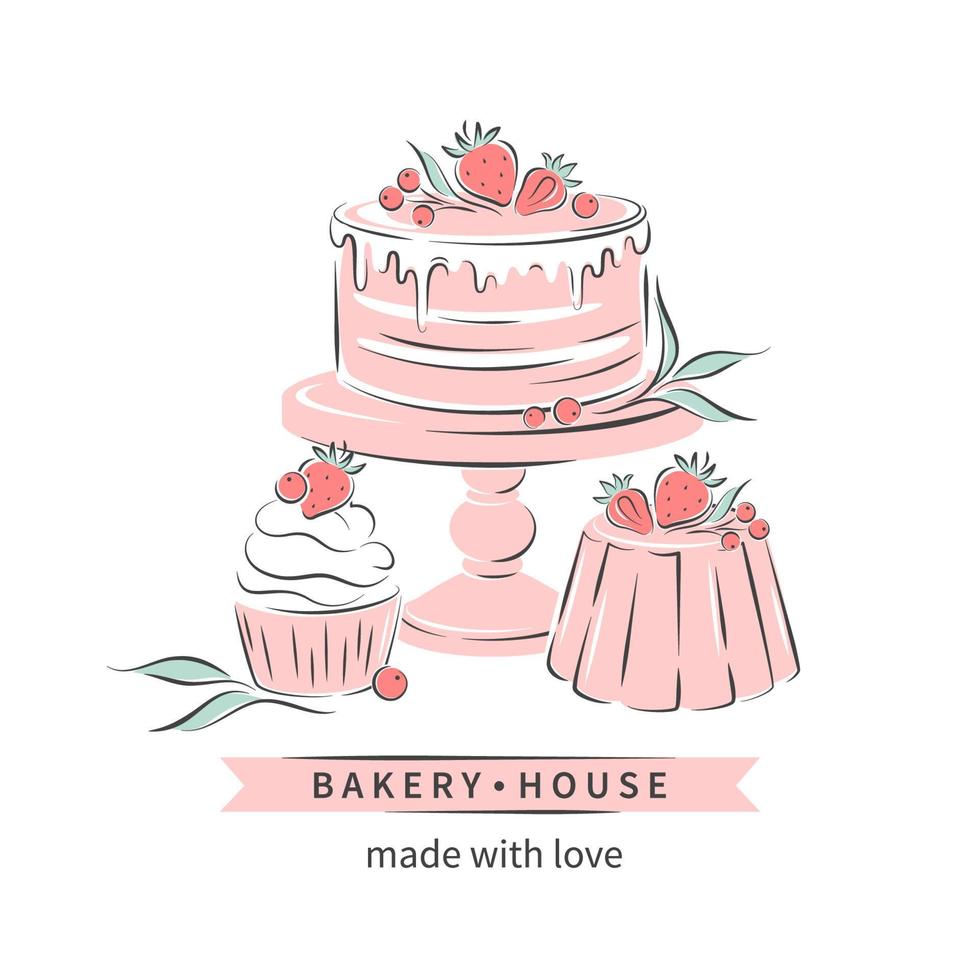 bakkerij huis. logo voor banketbakkerij of bakkerij. taart, koekje en bessen. vector illustratie voor menu, recept boek, bakken winkel, cafe.