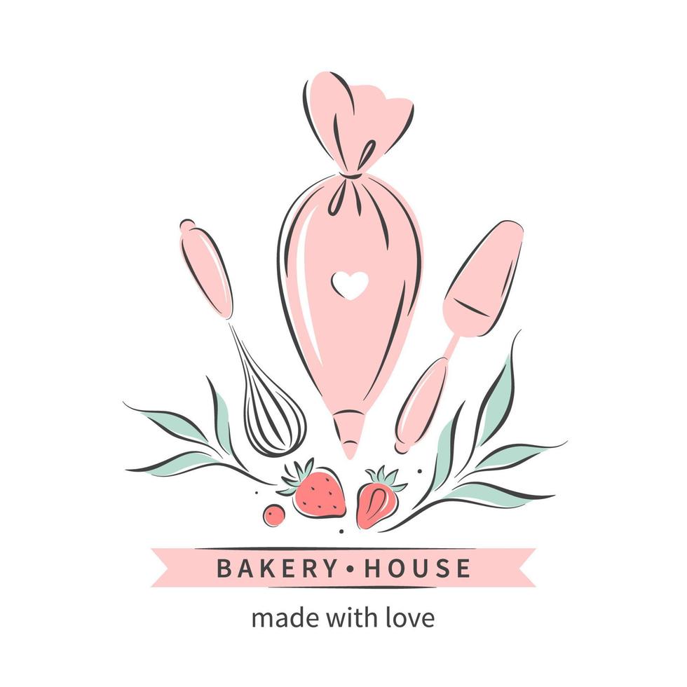 gebakje en brood winkel. bakkerij huis. reeks van gereedschap voor maken taarten, koekjes en gebakjes. vector illustratie voor logo, menu, recept boek, bakken winkel, cafe.