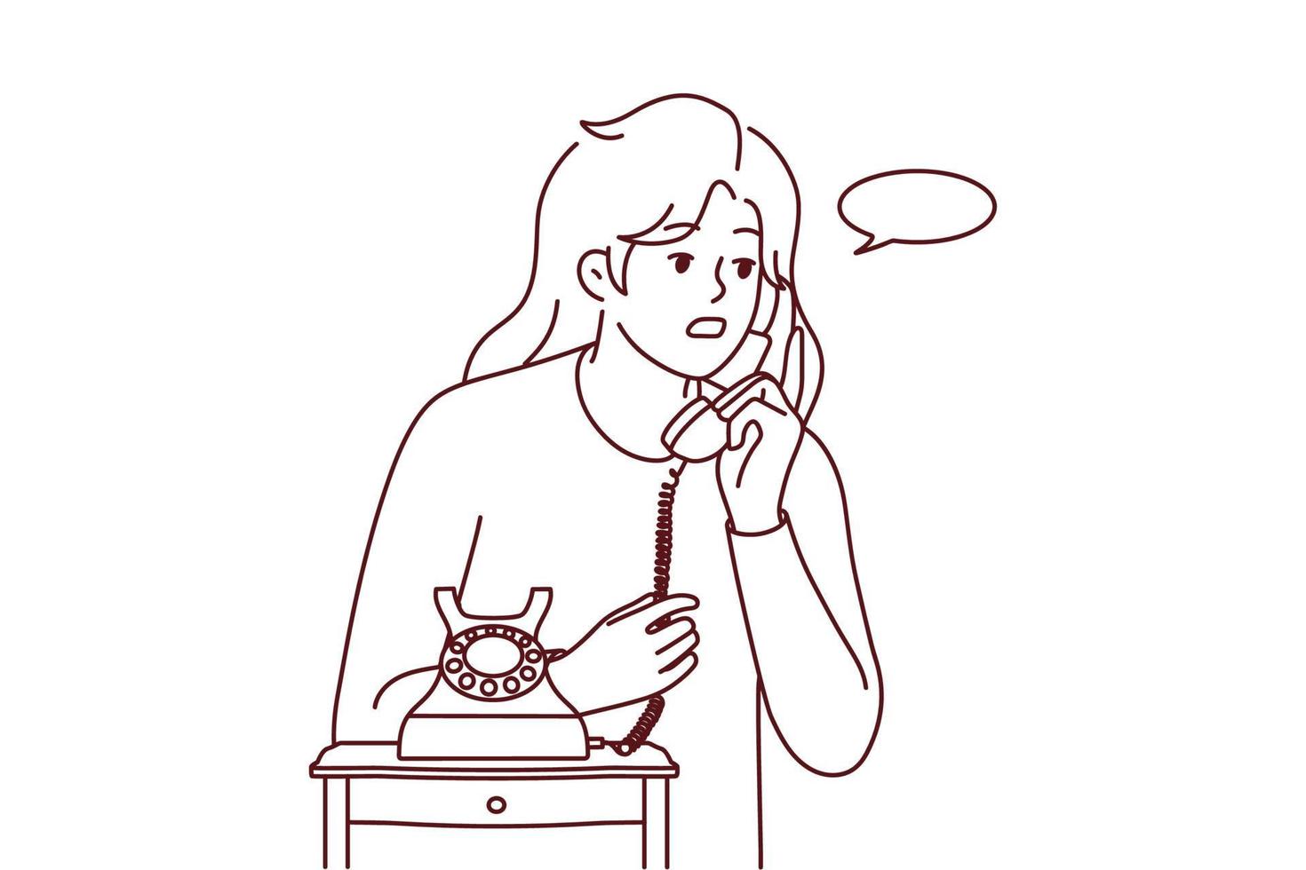 jong vrouw spreken Aan oud met snoer telefoon Bij huis. vrouw hebben gesprek Aan vaste telefoon telefoon. communicatie en telefoongesprek. vector illustratie.