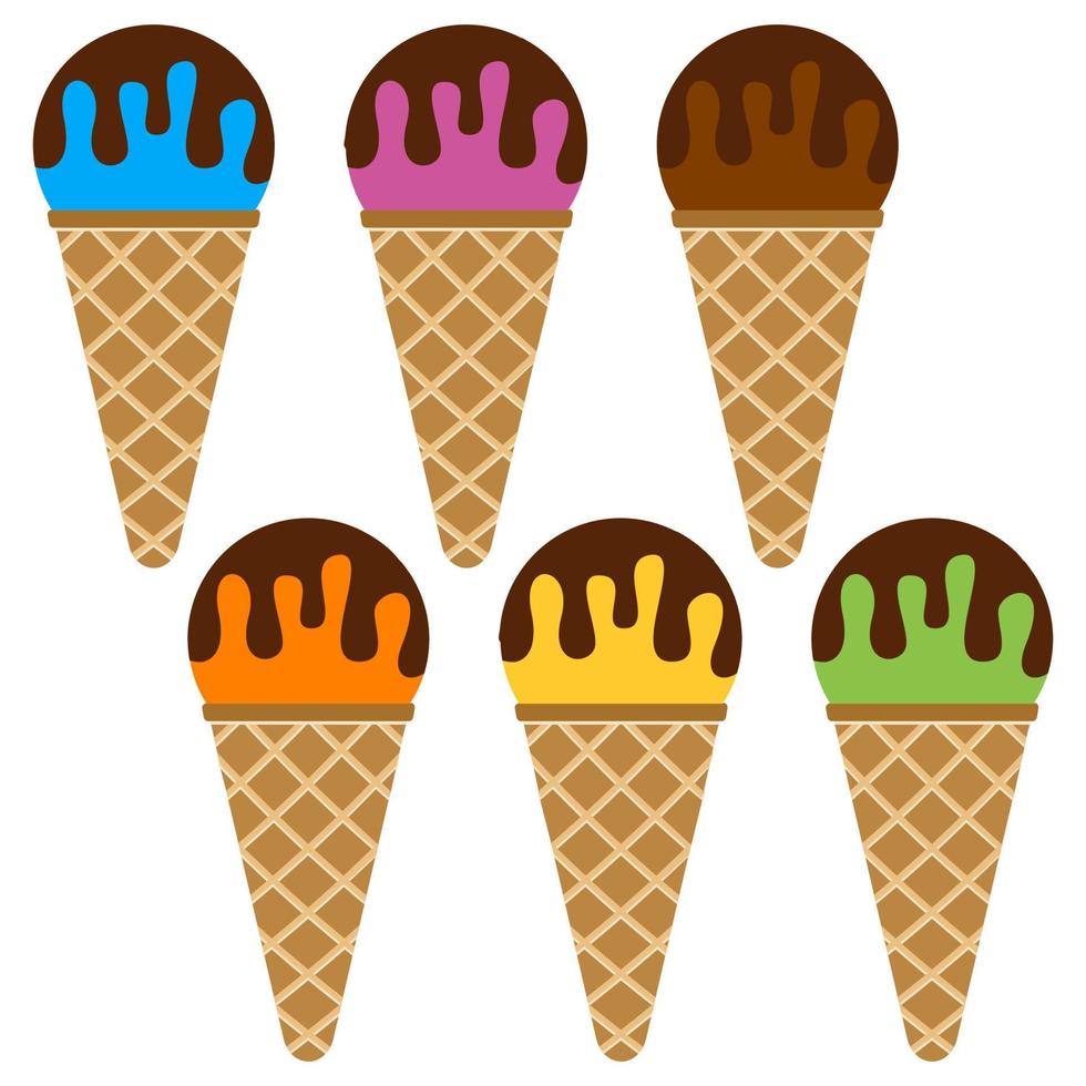 reeks van ijs room ballen met chocola in een wafel Hoorn. vector illustratie.