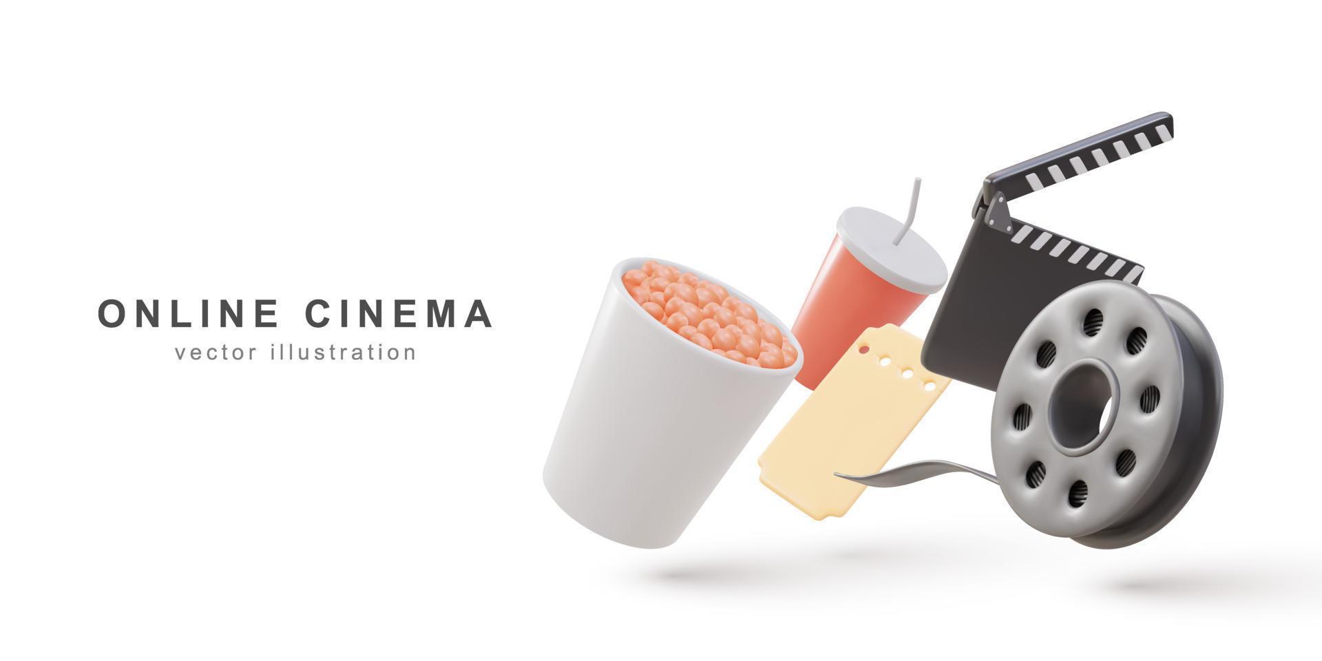 aan het kijken voorzien zijn van films in online bioscoop met popcorn, drinken en film strip concept. vector illustratie.