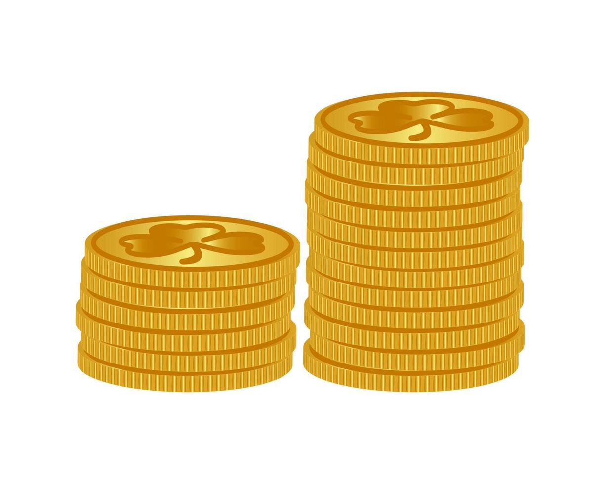 stack van gouden munten met Klaver geïsoleerd Aan wit. goud met klaver. vector illustratie.