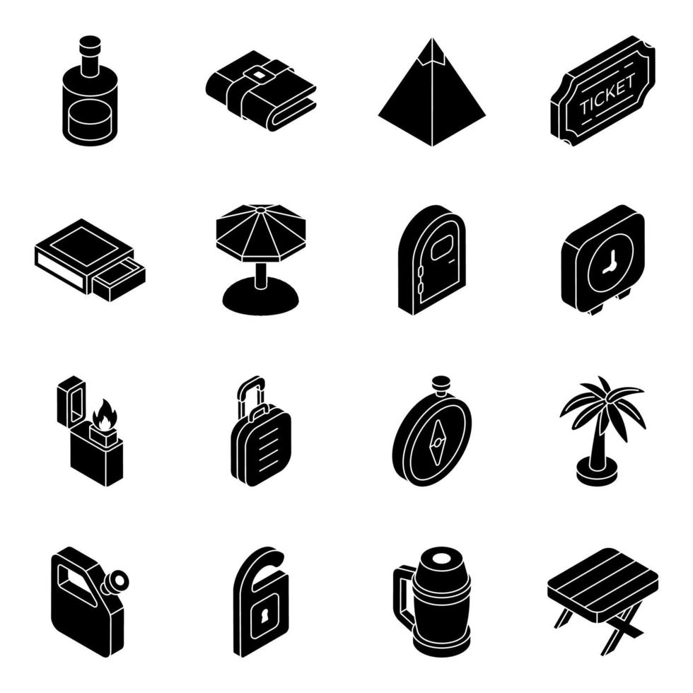 pak van camping uitrusting solide pictogrammen vector