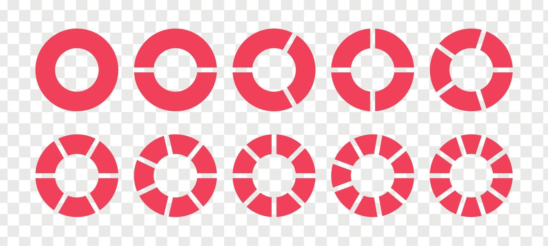 breuken taart verdeeld voor wiskunde. rood cirkel taart met stukken. segment plak set. gemakkelijk geometrie. vector geïsoleerd illustratie