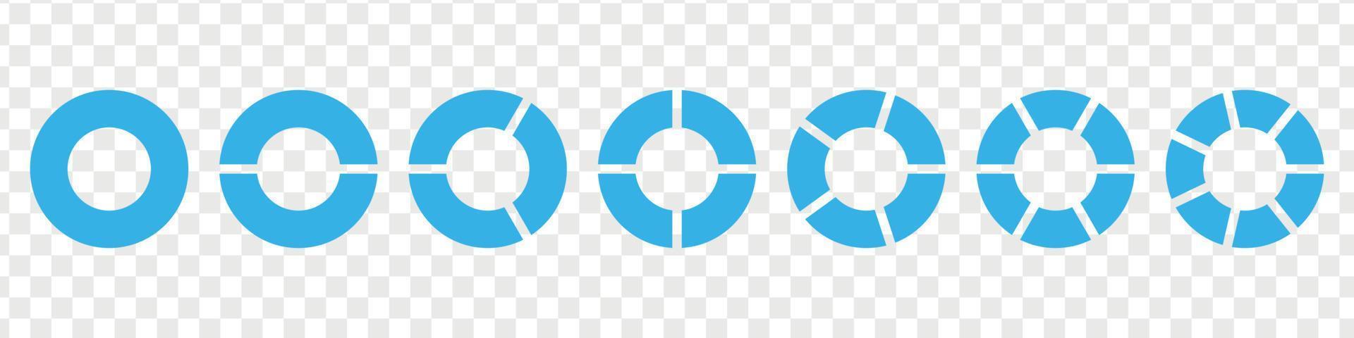 breuken taart verdeeld voor wiskunde. blauw cirkel taart met stukken. segment plak set. gemakkelijk geometrie. vector geïsoleerd illustratie