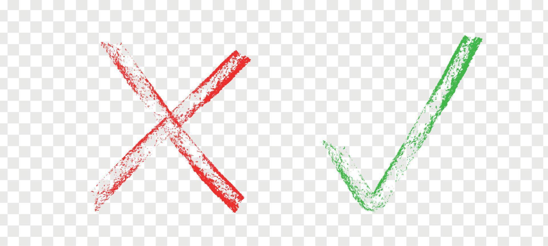Rechtsaf groen en mis rood icoon. OK en X markering. Ja en Nee antwoorden controleren. waar Kruis aan of false kruis icoon. vector illustratie