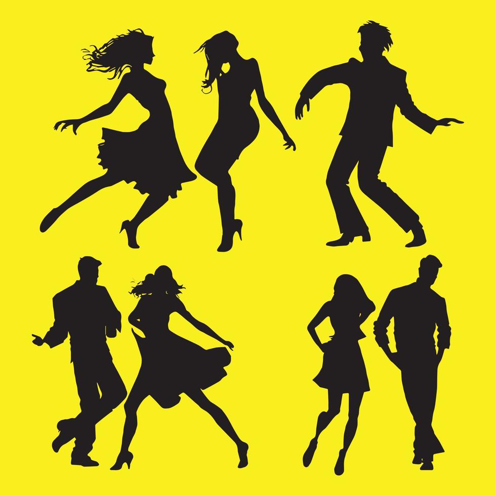 silhouetten van dansen mensen groep vector illustratie. dansen Mens en vrouw, paar silhouet reeks