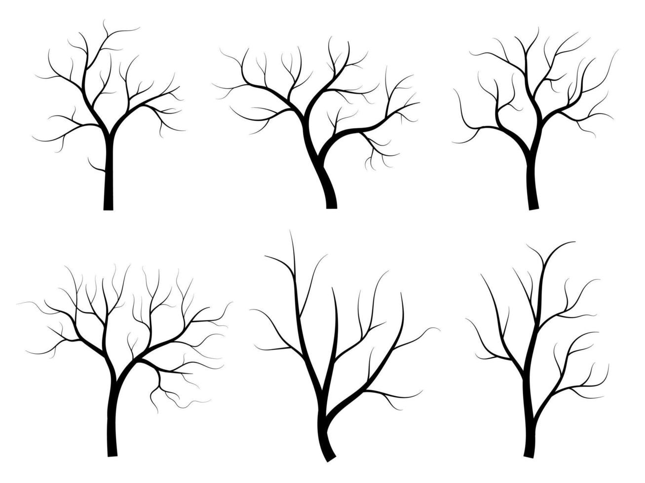 zwarte tak boom of naakte bomen silhouetten set. hand getrokken geïsoleerde illustraties. vector