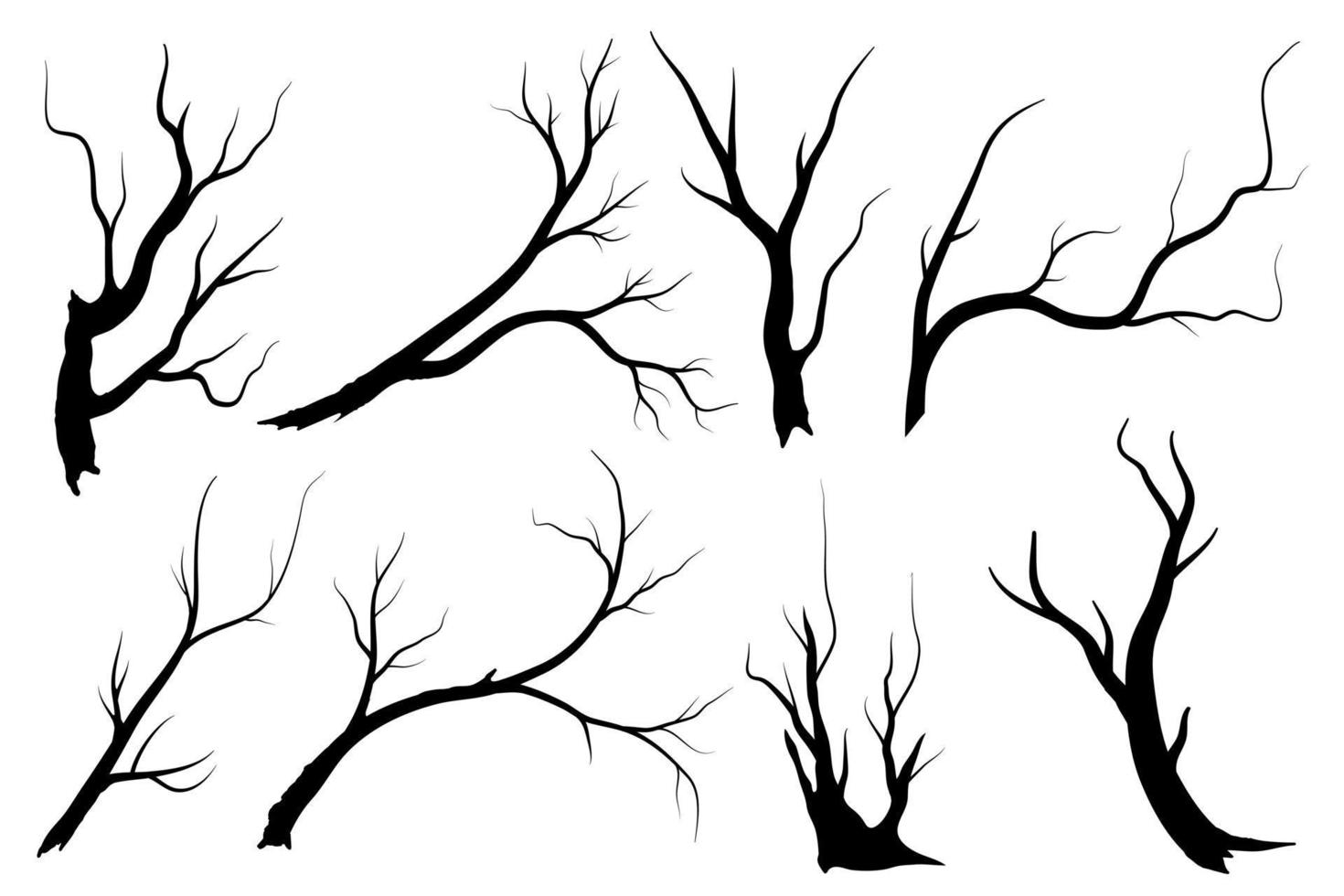 zwarte tak boom of naakte bomen silhouetten set. hand getrokken geïsoleerde illustraties. vector