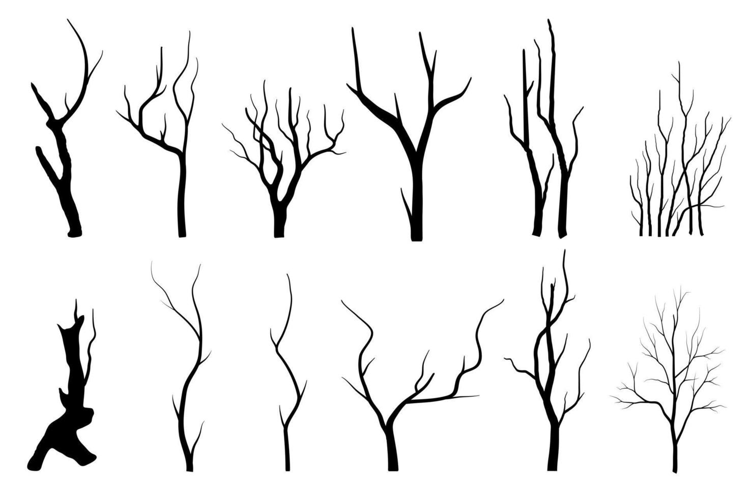 zwarte tak boom of naakte bomen silhouetten set. hand getrokken geïsoleerde illustraties. vector