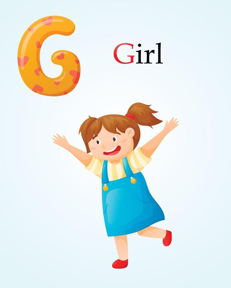 kinderen banier sjabloon met Engels alfabet brief g en tekenfilm beeld van een vrolijk en speels baby meisje. vector