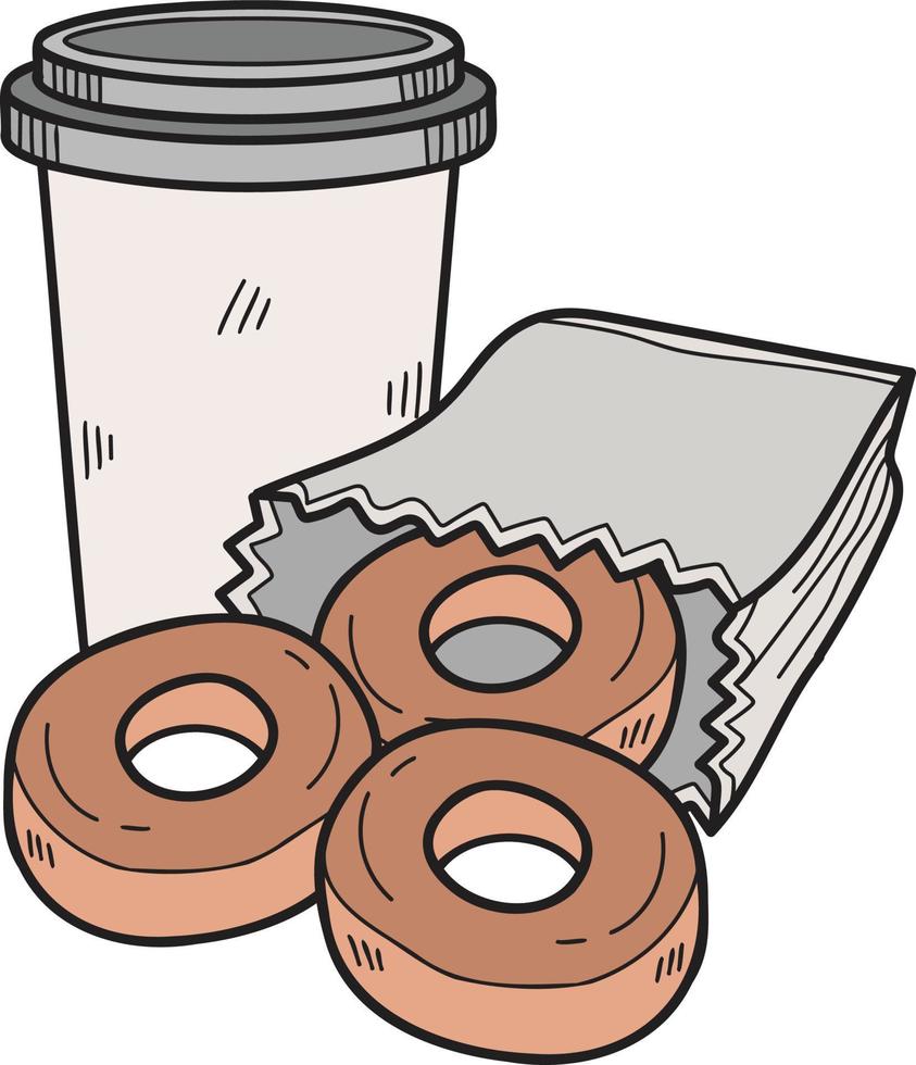 hand- getrokken donuts en papier cups illustratie in tekening stijl vector