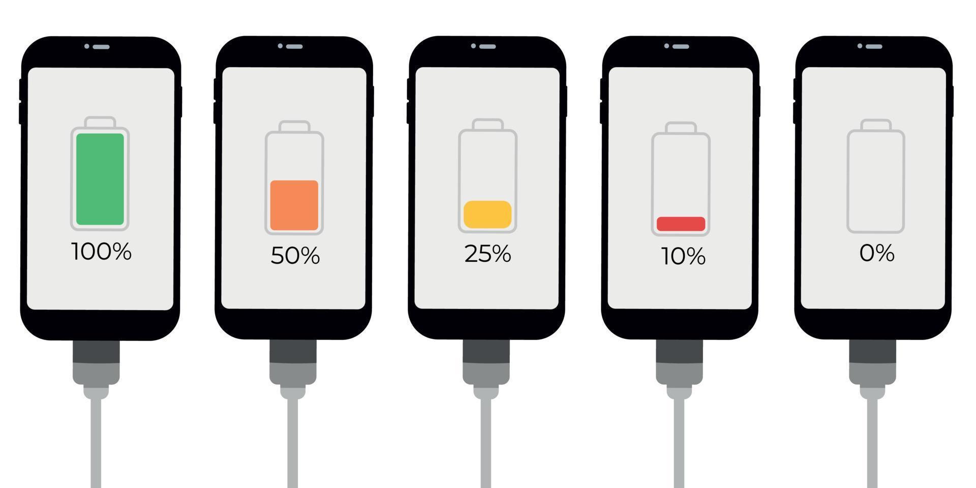 reeks van smartphones met accu niveau indicator en USB verbinding. vector infographic