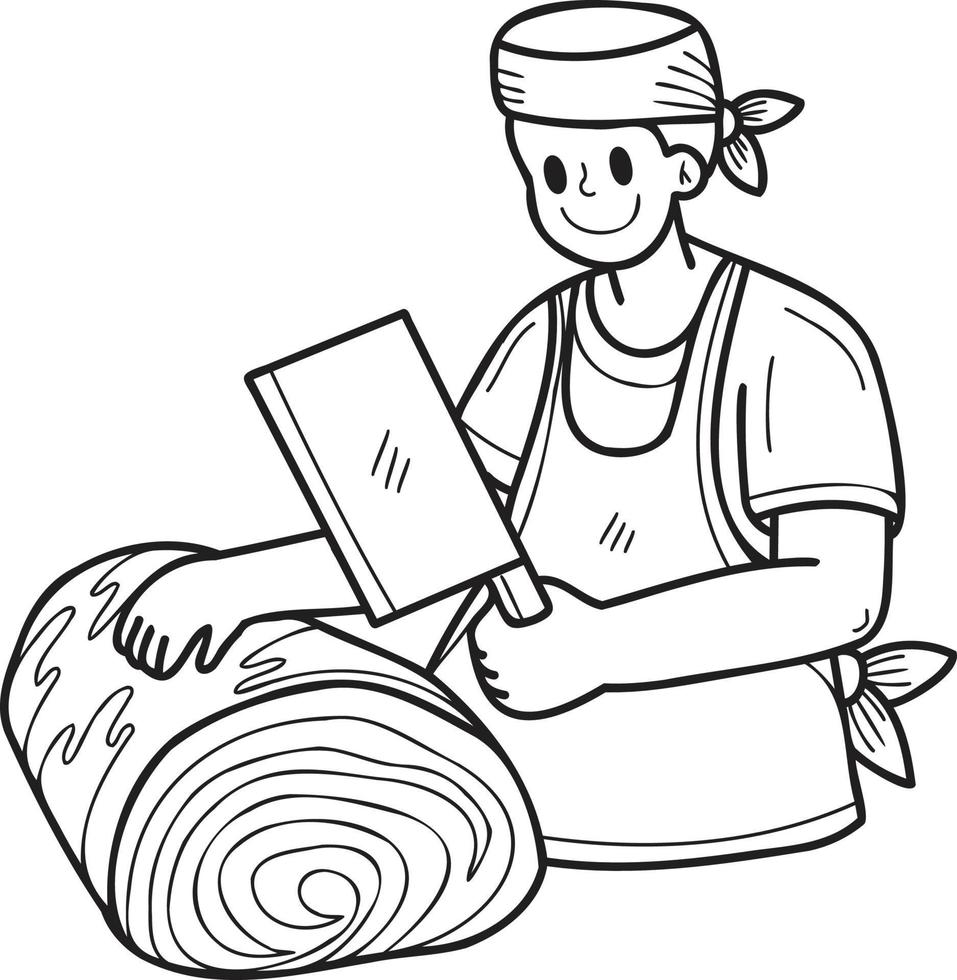 hand- getrokken chef snijdend rundvlees illustratie in tekening stijl vector