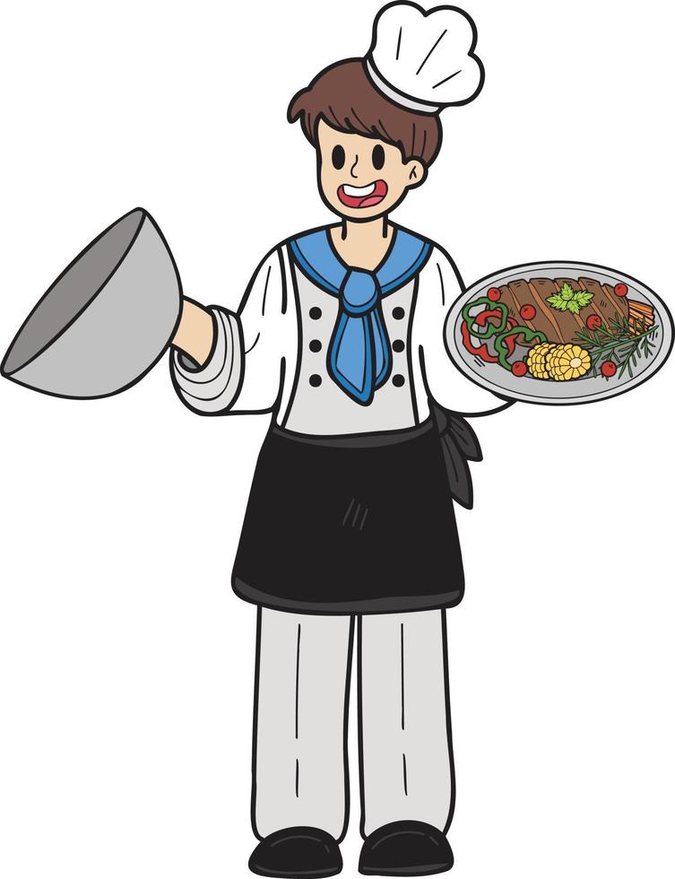 hand- getrokken chef Holding voedsel illustratie in tekening stijl vector