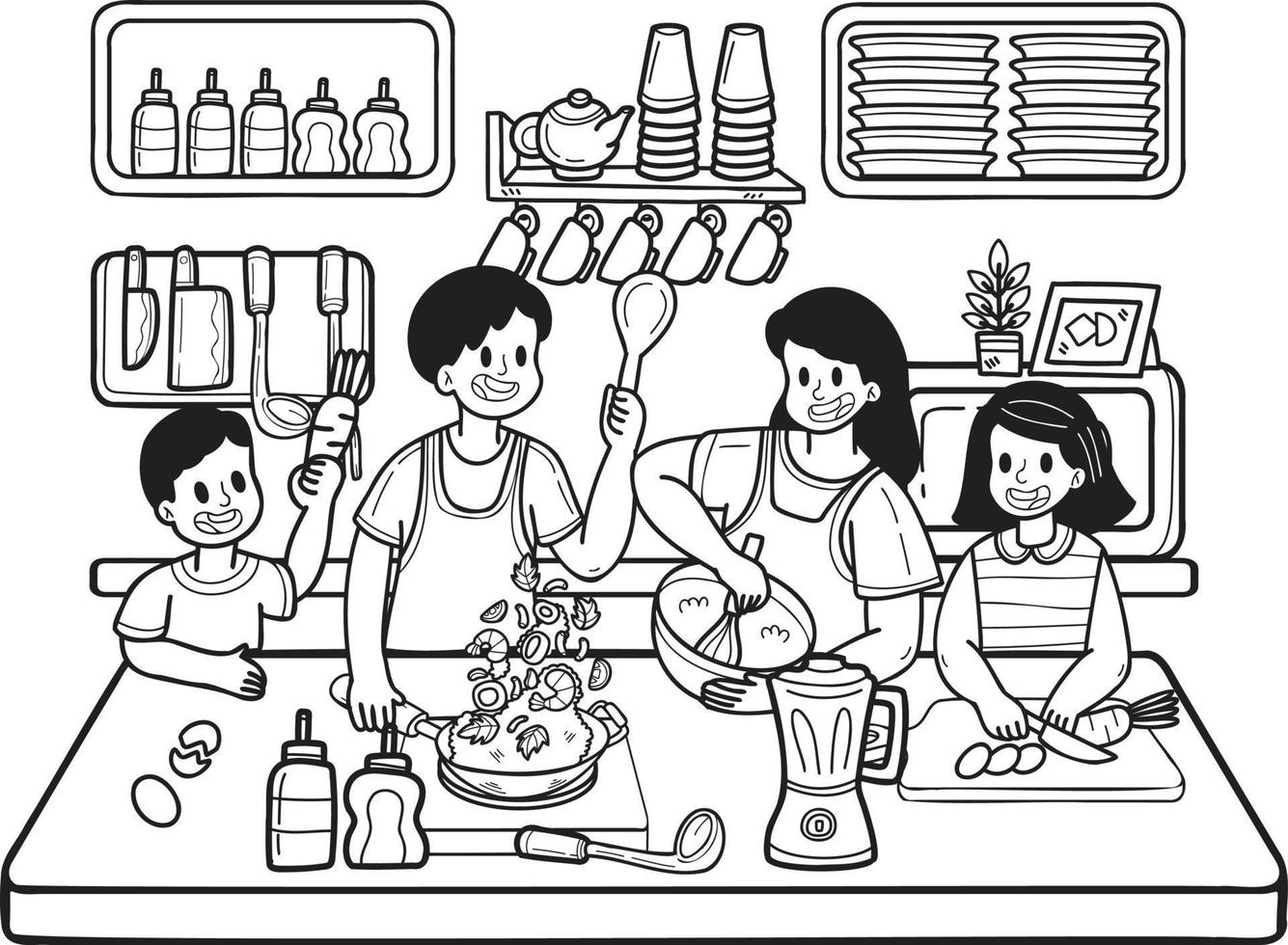 hand- getrokken familie Koken samen in de keuken illustratie in tekening stijl vector