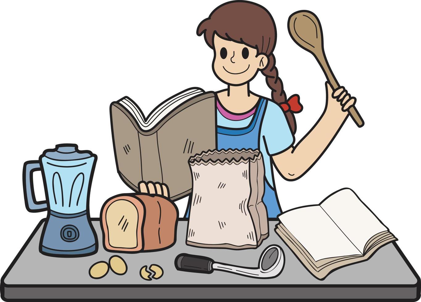 hand- getrokken vrouw beoefenen Koken illustratie in tekening stijl vector