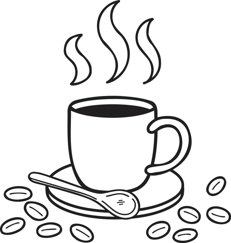 hand- getrokken kop van heet koffie en koffie bonen illustratie in tekening stijl vector