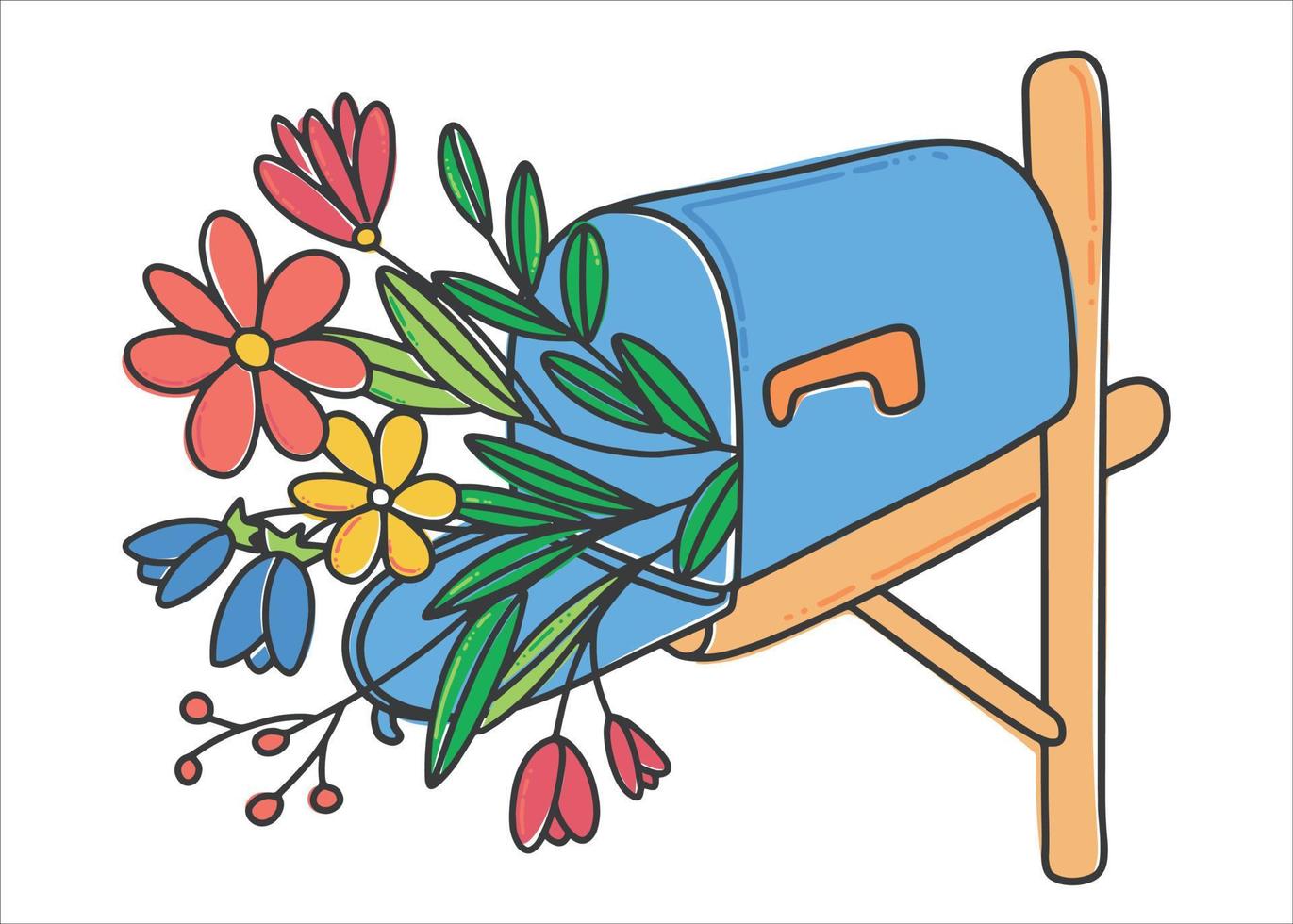 blauw postbus met bloemen. boeket van wild bloemen. romantisch mail. vector illustratie in een vlak stijl.