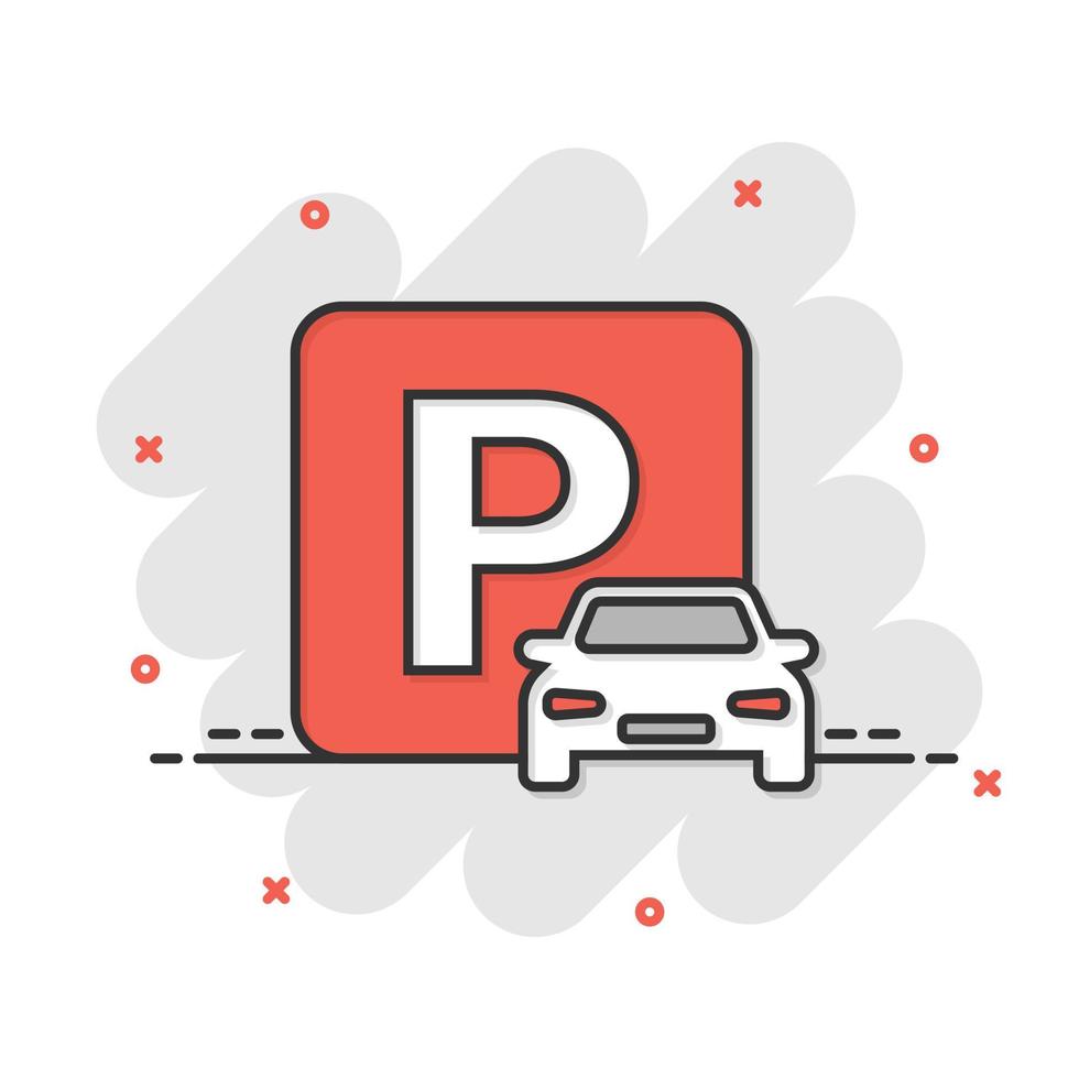 auto parkeren icoon in grappig stijl. auto staan tekenfilm vector illustratie Aan wit geïsoleerd achtergrond. verkeersbord plons effect bedrijf concept.