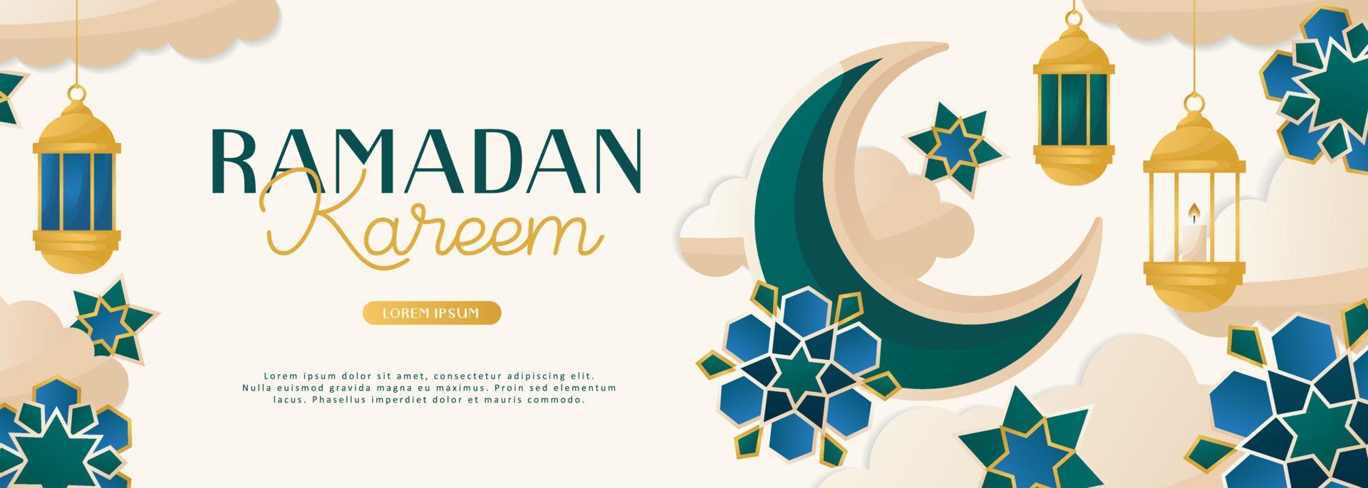 Ramadan kareem kaart met maan halve maan, traditioneel lantaarns. uitnodigingen met Islamitisch meetkundig patronen, arabesk. glorieus maand van moslim jaar, heilig vakantie. banier, folder, reclame. vector