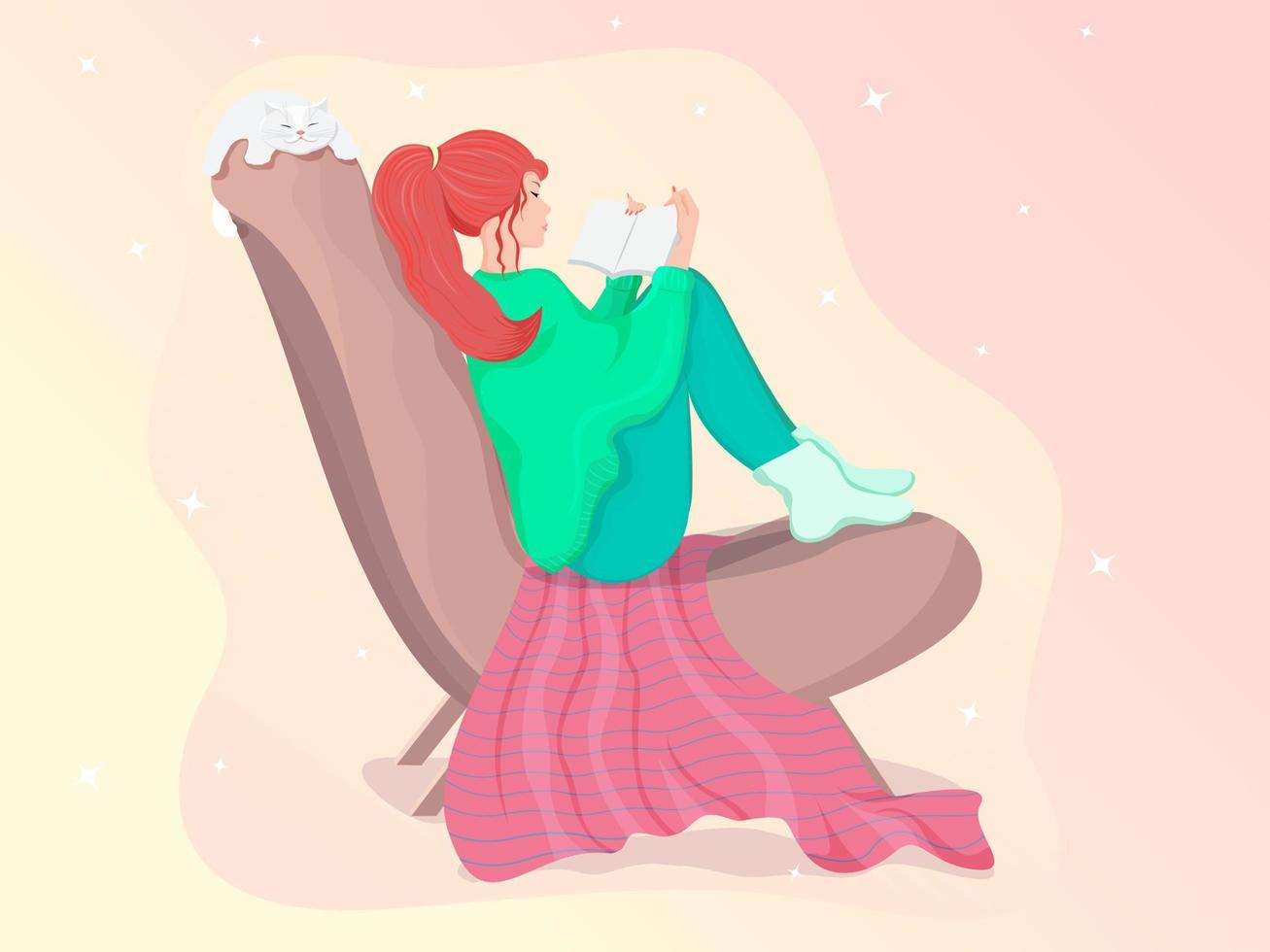 een jong meisje zittend in een knus fauteuil met een deken en een kat is lezing een boek. vector illustratie