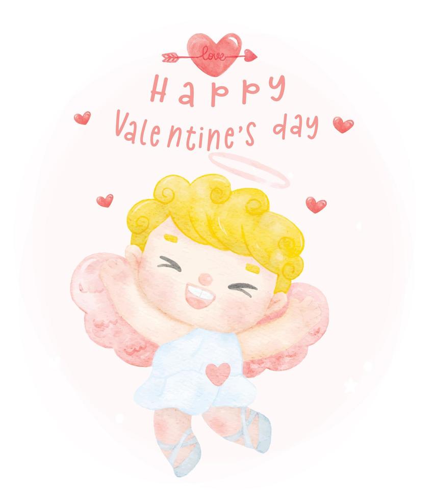 schattig waterverf gelukkig blij glimlach Cupido blond gekruld haar- jongen tekenfilm karakter hand- schilderen, gelukkig Valentijn groet kaart idee, illustratie vector