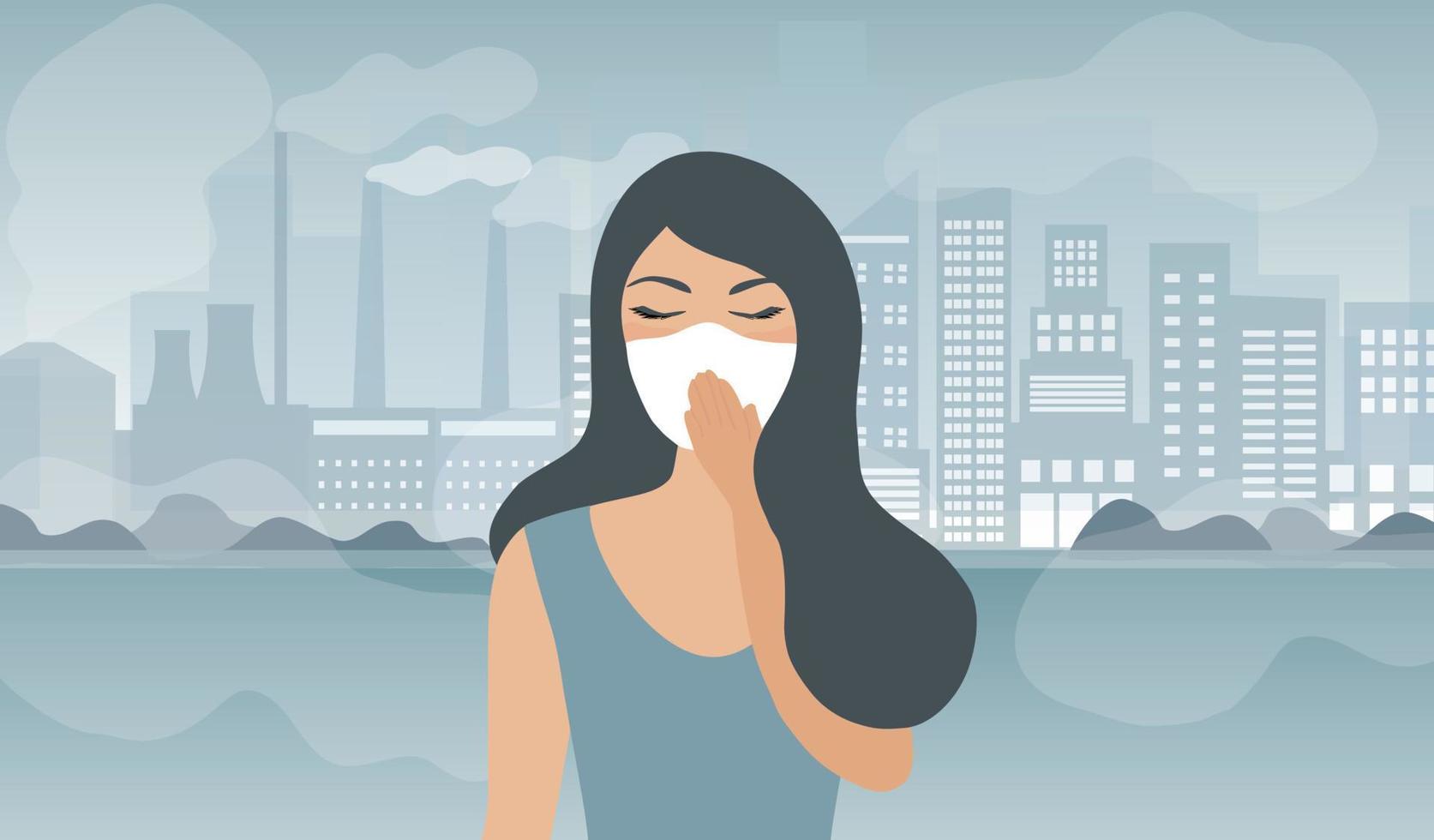 mensen vervelend gezicht maskers tor beschermen p.m 2.5 rook, stof en lucht verontreiniging in stad, fabriek pijpen en industrieel smog vector illustratie. milieu en lucht verontreiniging concept achtergrond