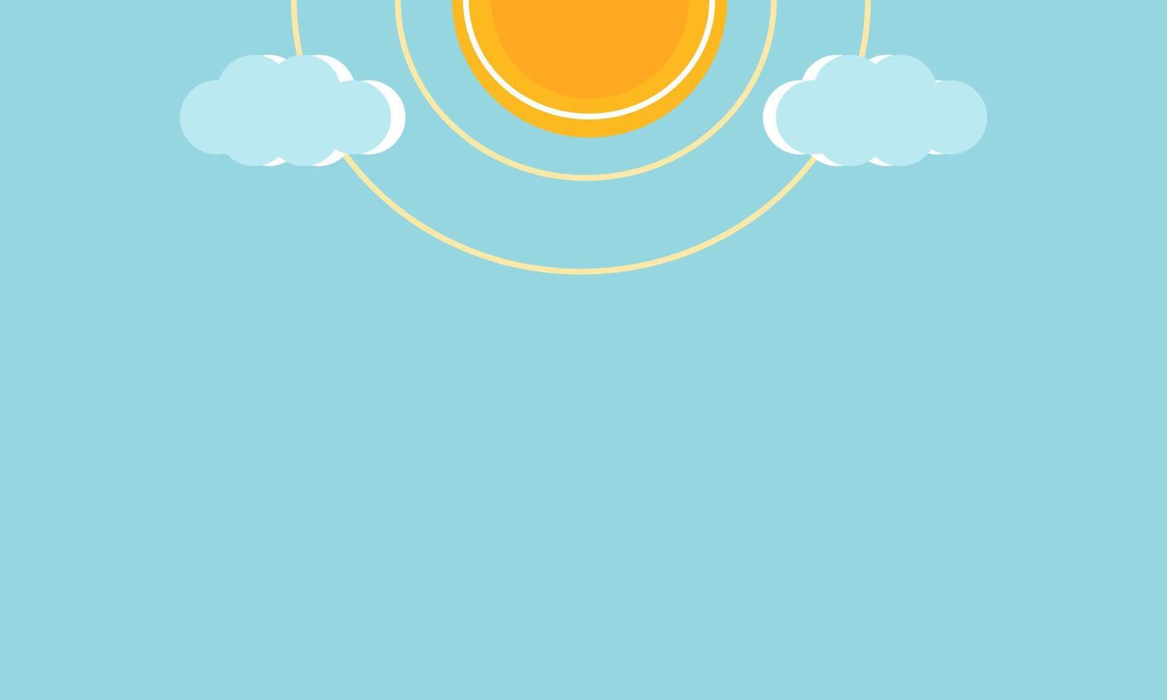 helder blauw zonneschijn achtergrond met zon en wolken, vlak vector illustratie.