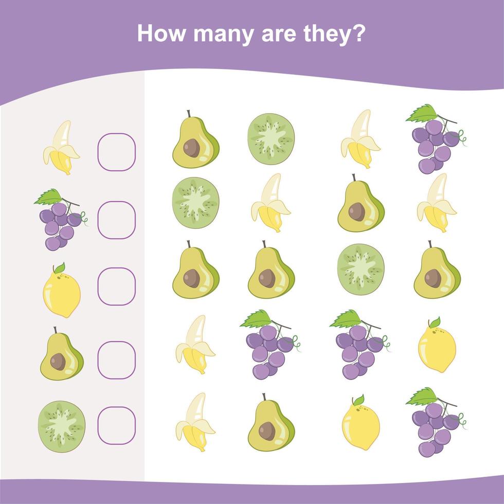 tellen werkblad. leerzaam afdrukbare wiskunde werkblad. tellen de fruit in de afbeelding en schrijven de resultaat. vector het dossier.