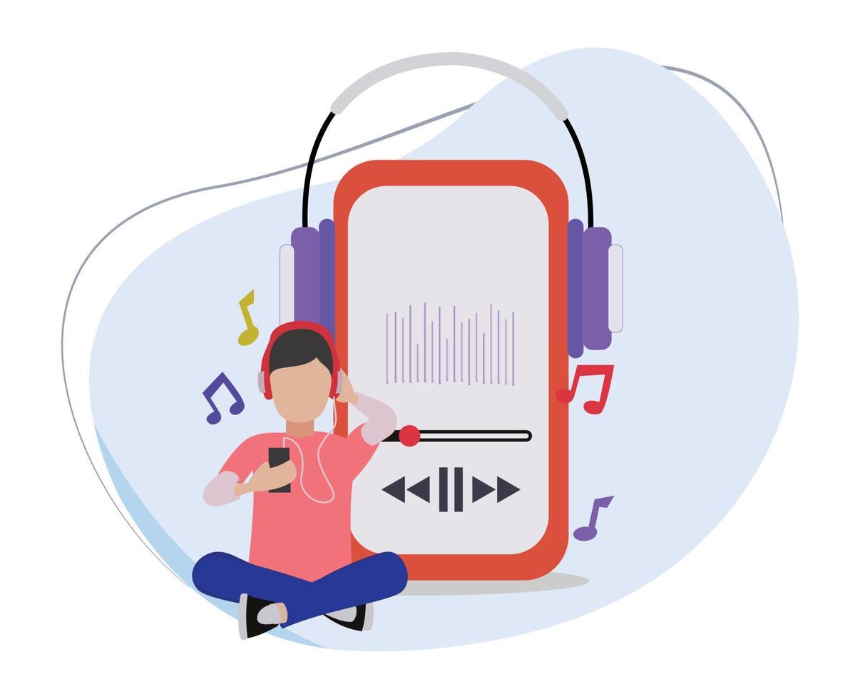 een Mens luisteren naar zijn favoriete muziek- illustratie. illustratie van een Mens luisteren naar muziek- met oortelefoons en een groot telefoon cel vector