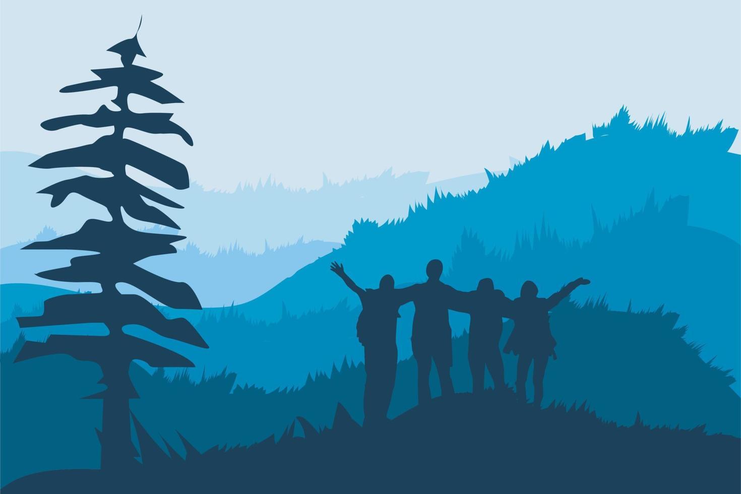 1 team wandelaar, backpacker, toeristen staand in berg landschap met Woud onder zonsondergang lucht, met wolken en vliegend vogels, boom vector