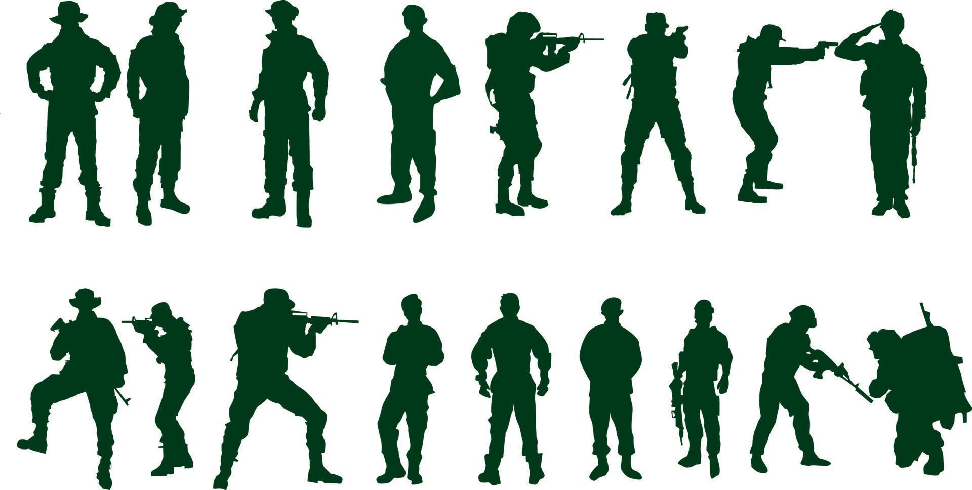 vector silhouetten van soldaten, politie, cowboy, groep 1 team divers stijlen Holding wapens, voorbereidingen treffen voor strijd, gevecht, stijl, groen kleren geïsoleerd Aan wit achtergrond