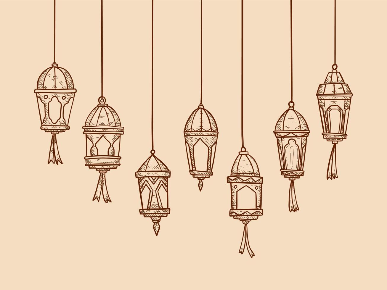 reeks verzameling van vector Ramadan lantaarn lichten lamp in schetsen hand- tekening stijl voor Islamitisch Ramadhan en eid viering groet illustratie ontwerp