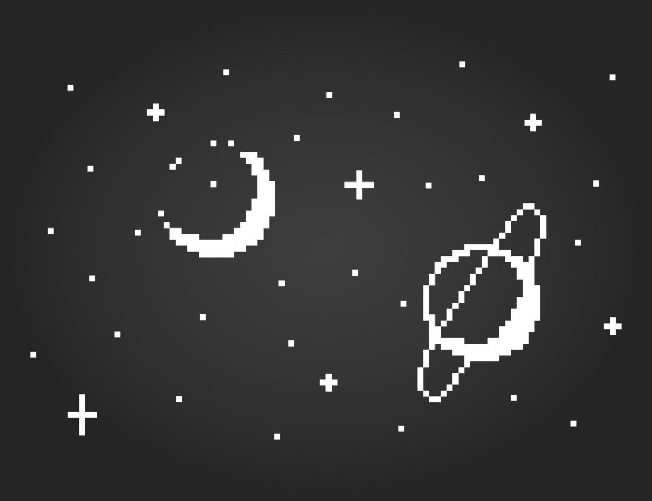 8 bits ruimtepixels. galaxy pixel voor game-items en kruissteekpatronen in vectorillustraties. vector