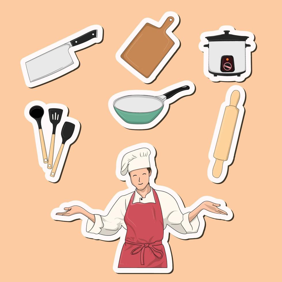 kleurrijk hand- getrokken keuken huishoudelijke apparaten met chef stickers ontwerp vector