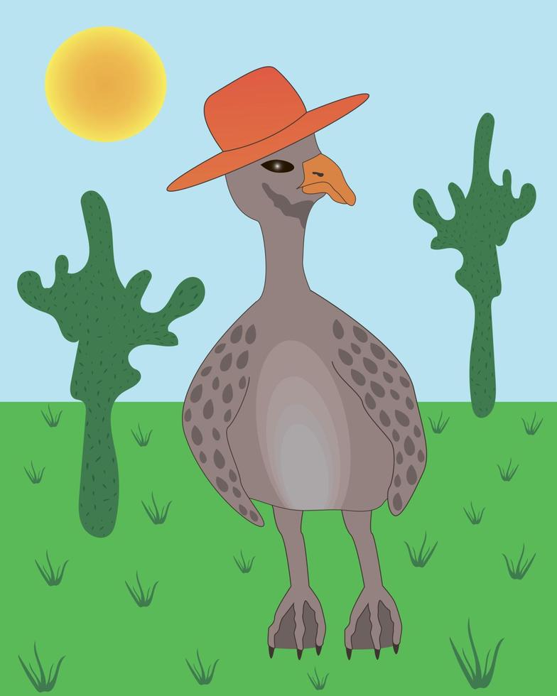 vrolijk gans, vector illustratie, in een cowboy hoed met cactussen tegen de achtergrond van de lucht en de zon