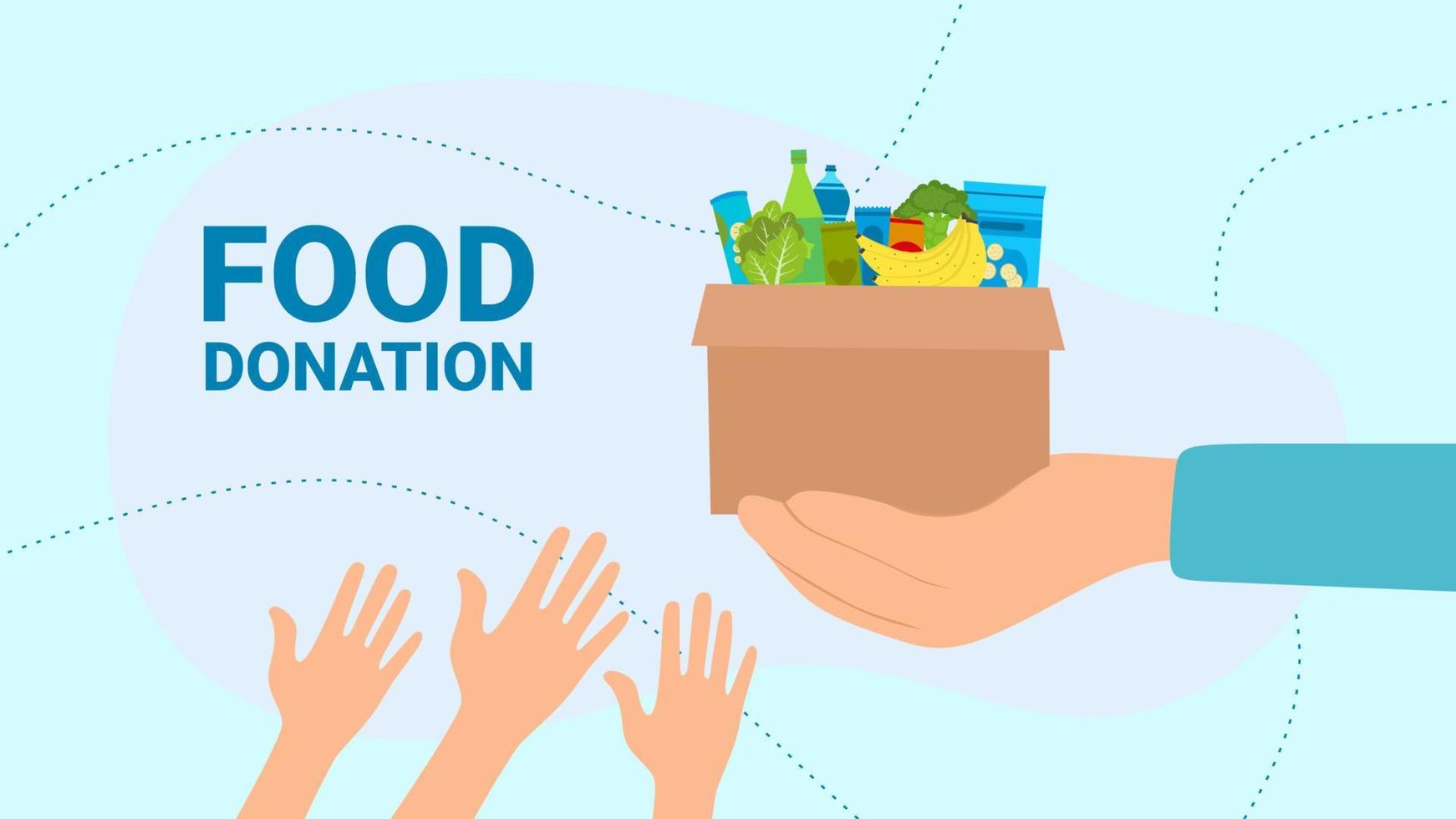 mensen geven een bijdrage doos met voedsel voor liefdadigheid en solidariteit. vector
