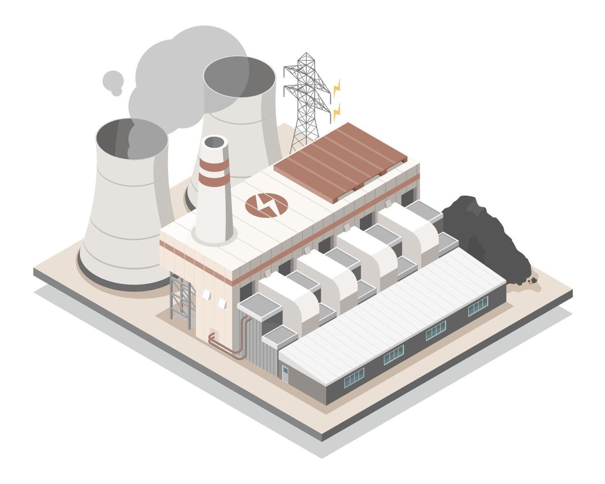 steenkool ontslagen fossiel brandstoffen elektrisch elektriciteit macht fabriek vuil verontreiniging energie wite rook klimaat verandering concept isometrische geïsoleerd illustratie tekenfilm vector