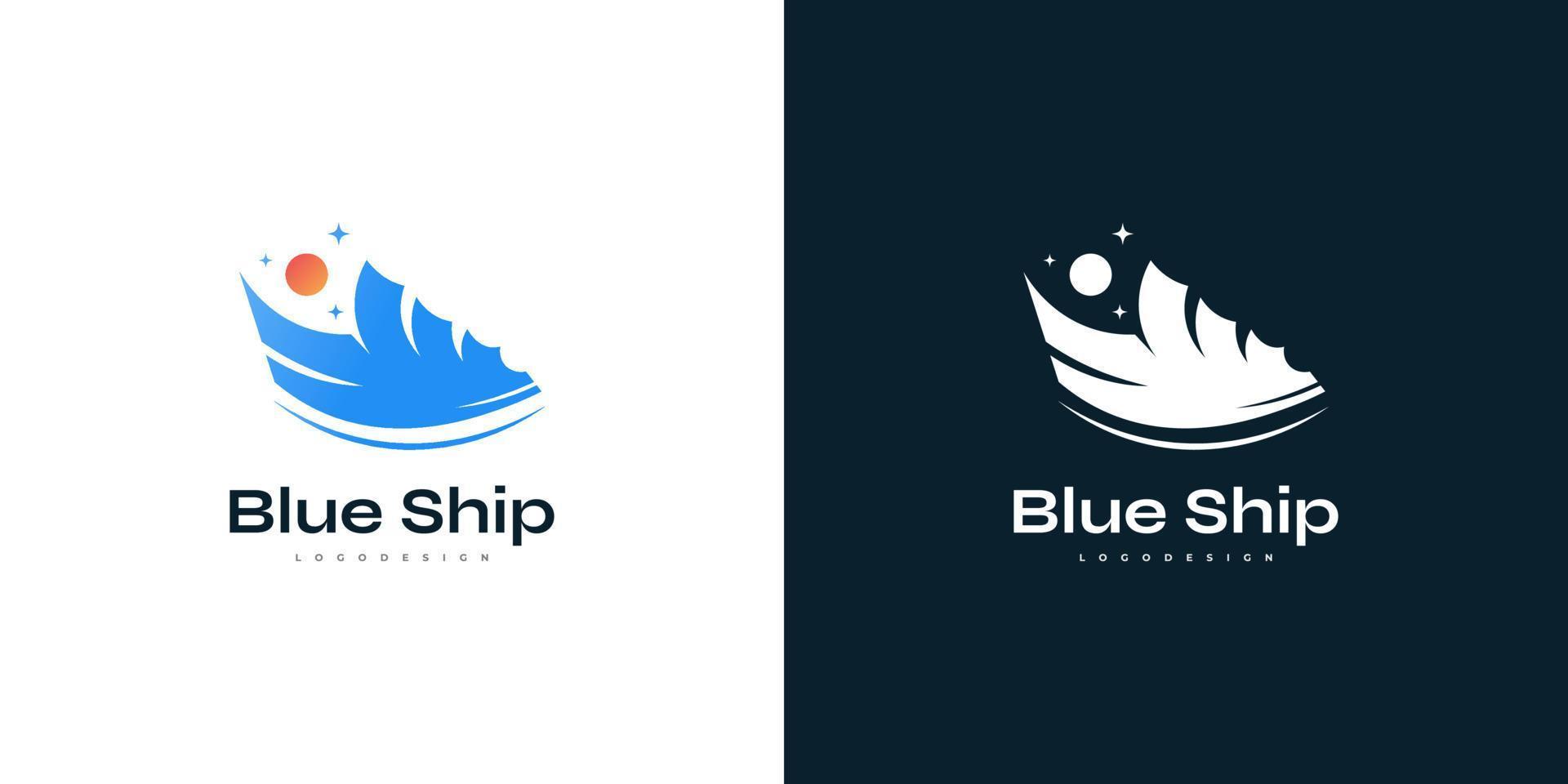 abstract blauw schip logo ontwerp met zon en ster elementen. cruise, jacht, vaartuig logo of icoon vector