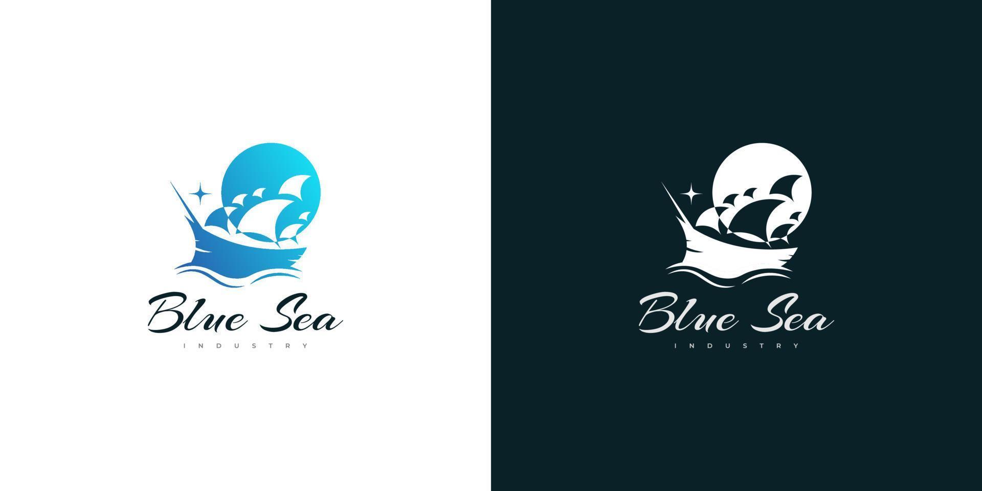 elegant blauw schip logo ontwerp met negatief ruimte concept. het zeilen boot logo of icoon vector