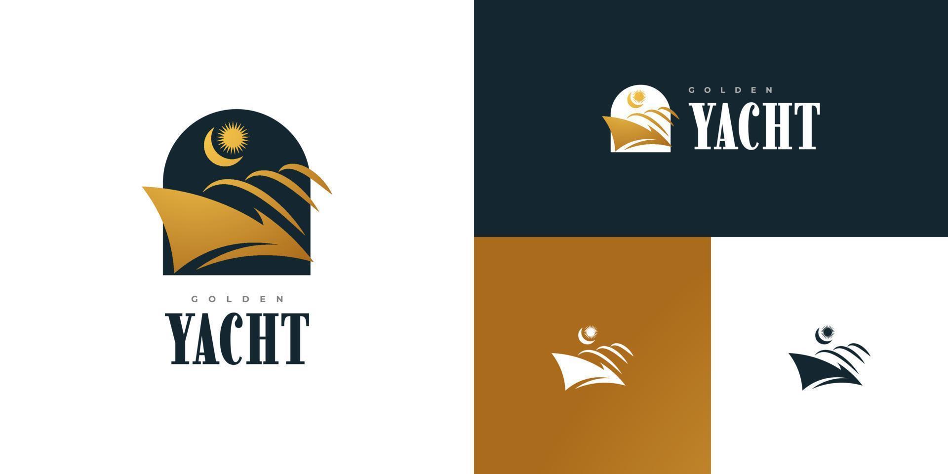 luxe en elegant jacht logo ontwerp met zon en halve maan maan voor reizen en toerisme industrie bedrijf logo vector