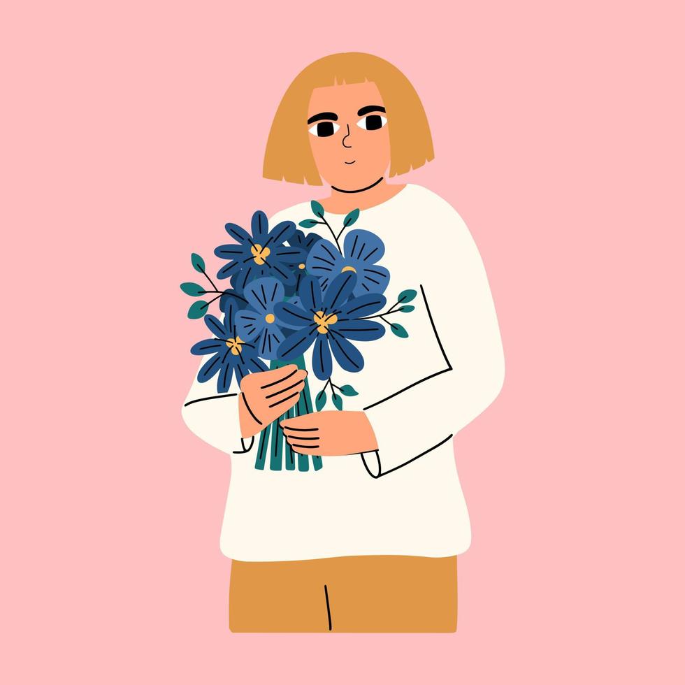 schattig meisje met een boeket van bloemen in haar handen. ansichtkaart ontwerp, kaart. vector hand- getrokken illustratie