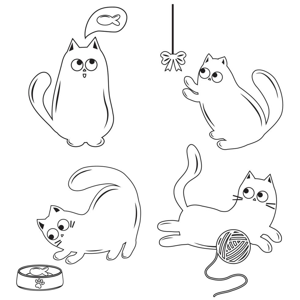 reeks van schattig kat karakters, zwart schets, tekening stijl, geïsoleerd vector illustratie