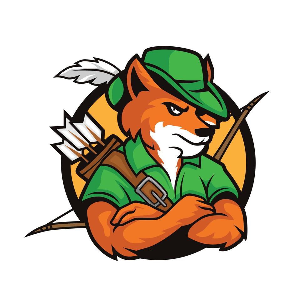 een tekenfilm karakter vos gekleed net zo een boogschutter met hoed en boog en pijl logo vector illustratie