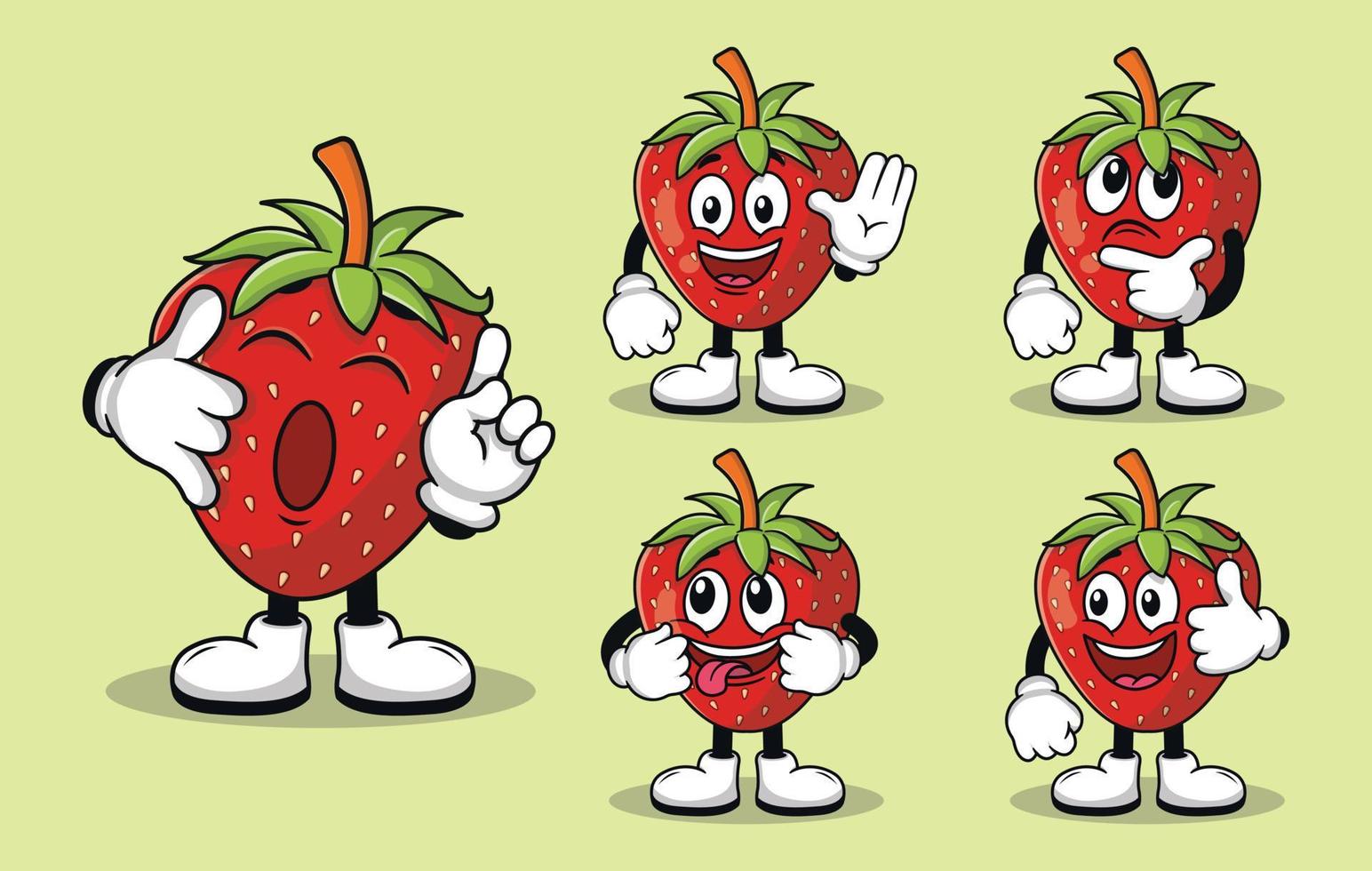 schattig aardbei fruit mascotte met divers soorten van uitdrukkingen reeks verzameling vector
