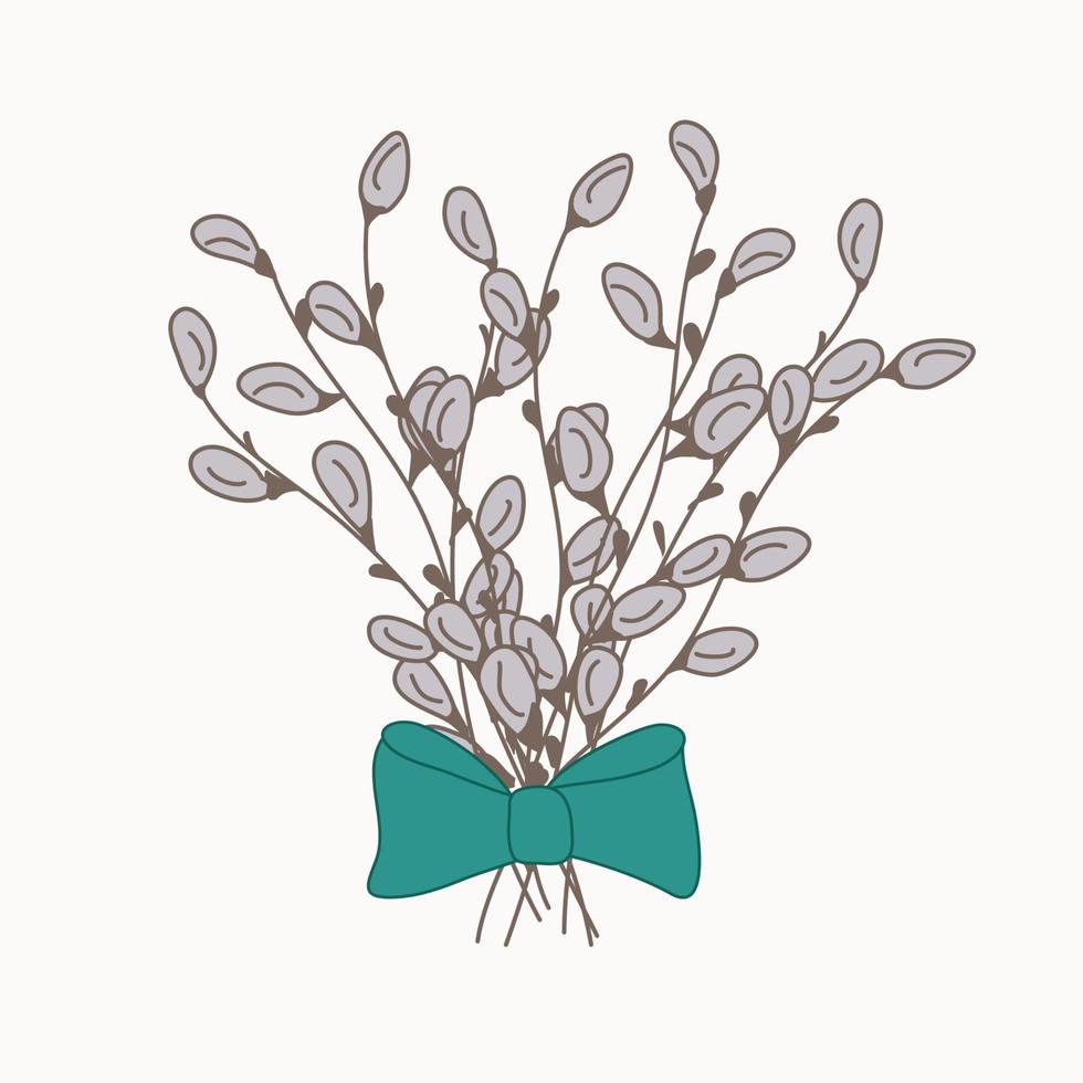 wilg bloemknoppen met boog. kutje wilg tekening grijs en groen vector illustratie voor palm zondag, Pasen