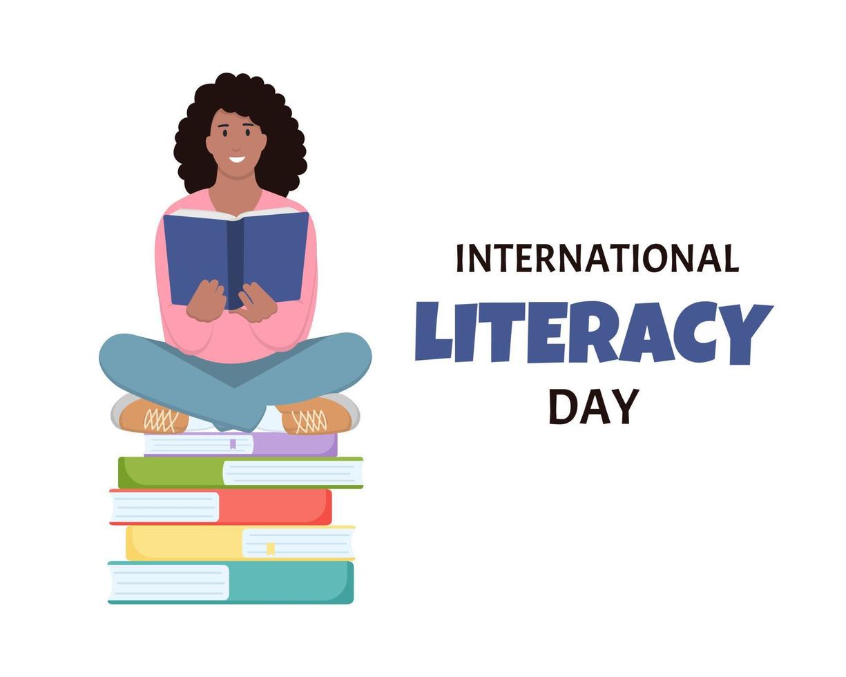 Internationale geletterdheid dag concept. vrouw lezing boek terwijl zitten. schattig vector illustratie in vlak tekenfilm stijl