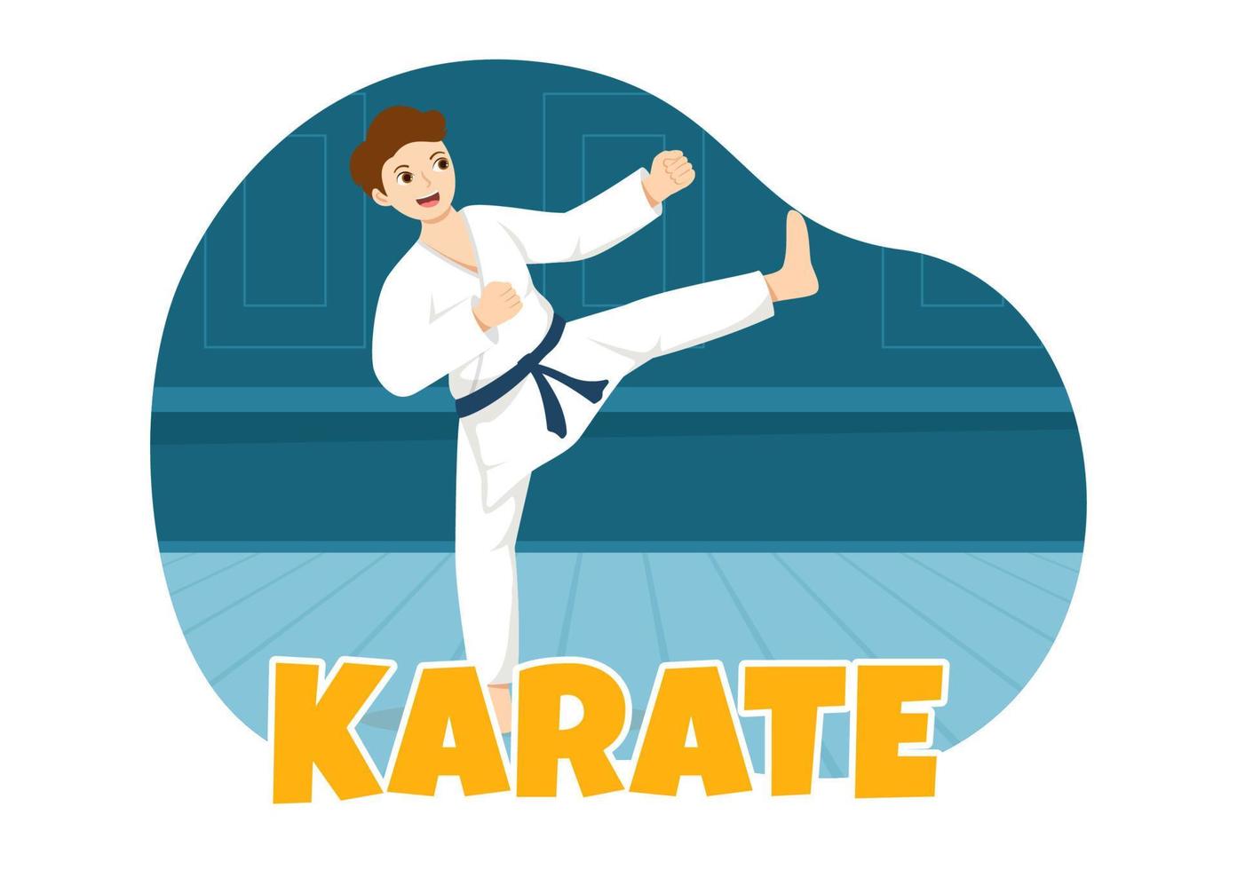 kinderen aan het doen sommige eenvoudig karate krijgshaftig kunsten beweegt, vechten houding en vervelend kimono in tekenfilm hand- getrokken voor landen bladzijde Sjablonen illustratie vector